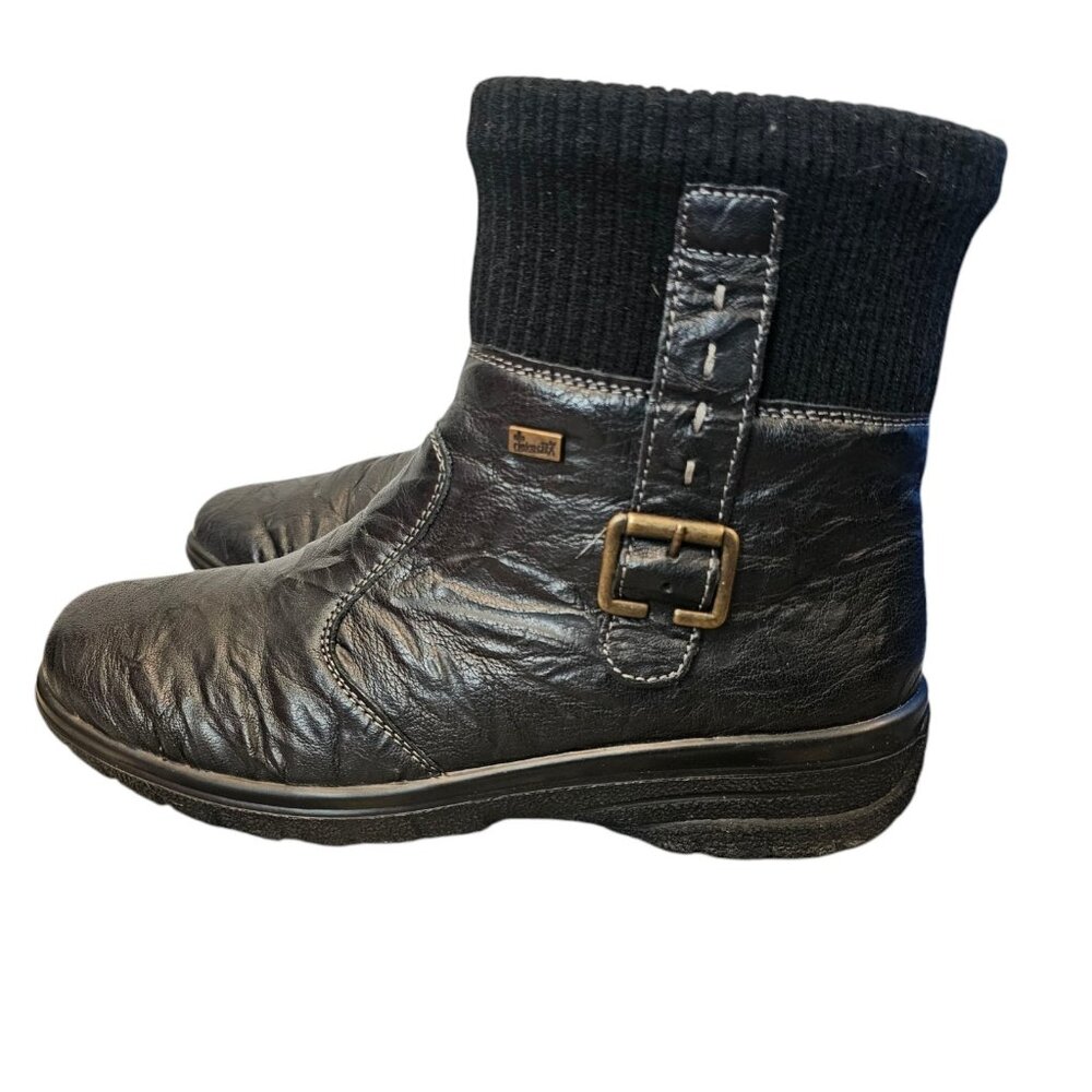 Rieker Womens Hillary‎ Boots Leather Black Size 8 Side Zip Buckle Knit Textured